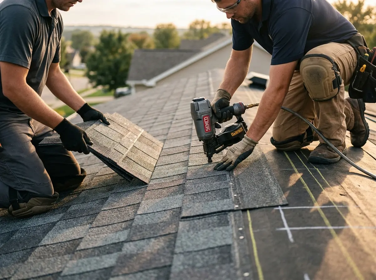 Professional roofer working on a residential roof in Mount Holly